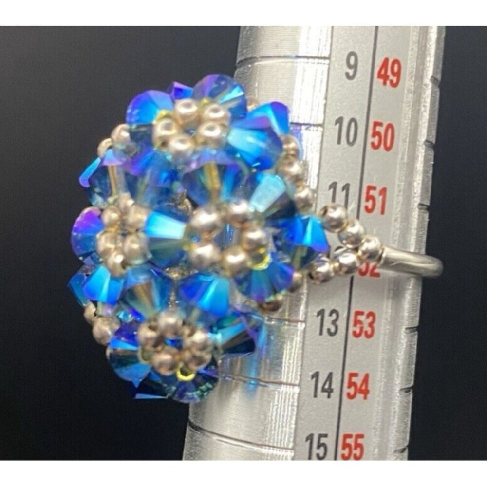 Tested Sterling Silver Ring Blue AB Bicone Crystal Dome Woven Bead Size 6 Floral - Picture 9 of 12